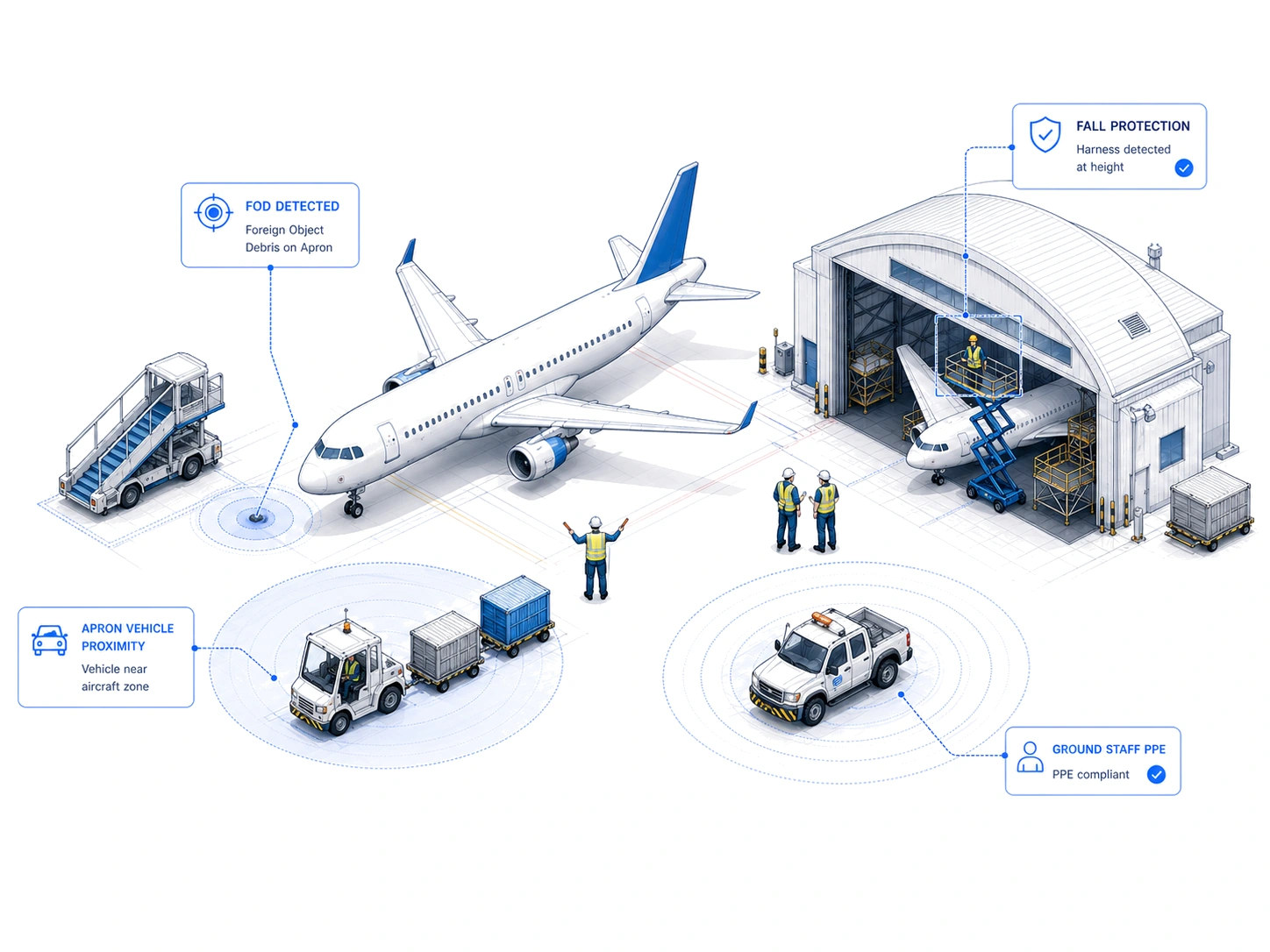Aviation reference — apron, hangar, and ground-handling monitoring overlays