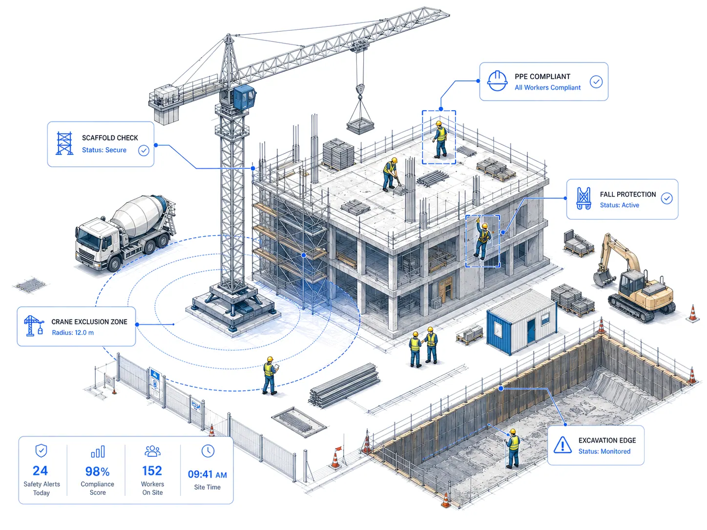 Construction site reference — crane-zone, scaffolding, and fall-protection monitoring overlays