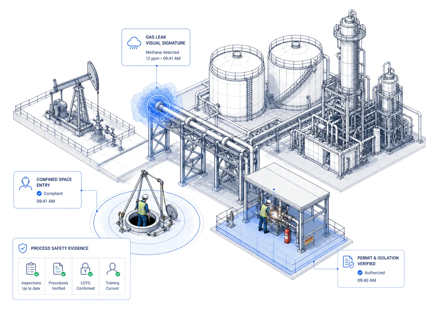 Energy facility reference — wellhead, refinery, and confined-space monitoring overlays