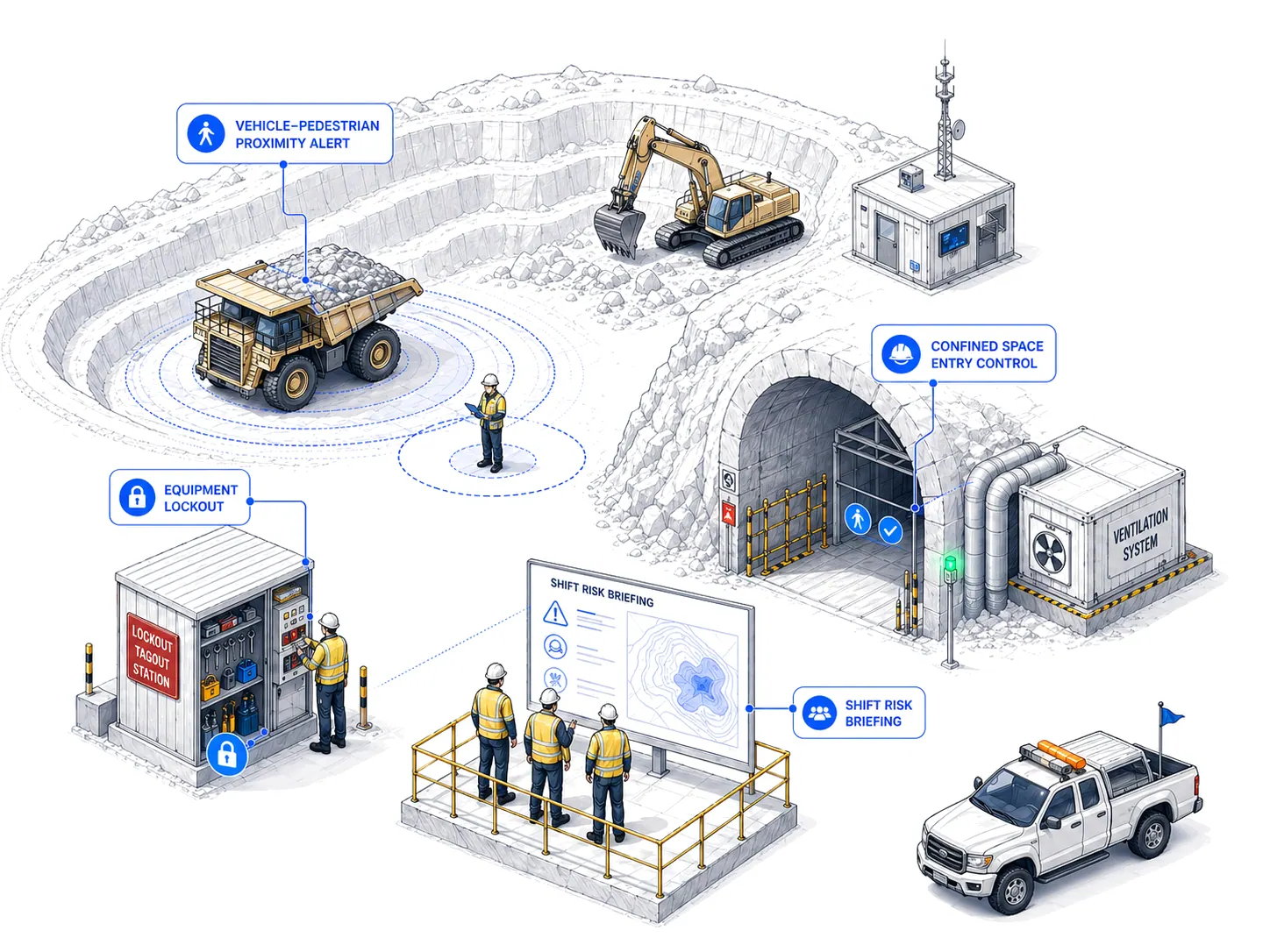 Mining operation reference — surface and underground monitoring overlays