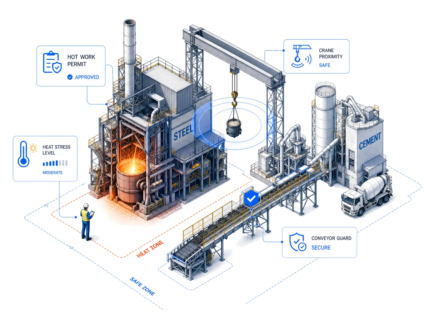 Steel and cement plant reference — furnace, conveyor, and heat-stress monitoring overlays