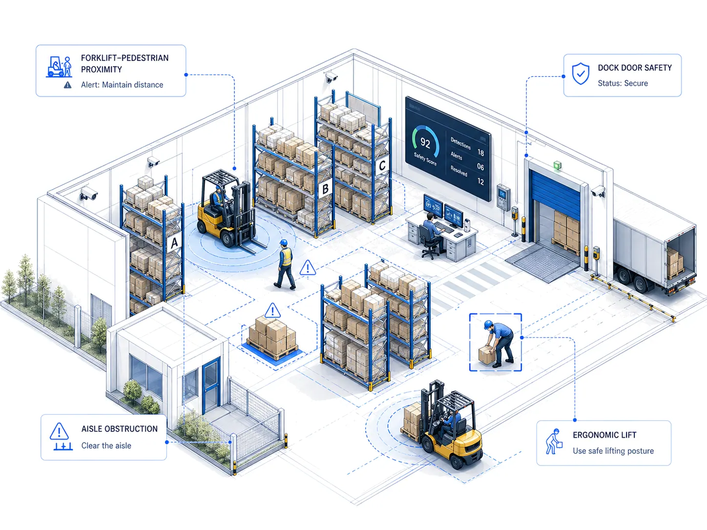 Warehouse reference — forklift-pedestrian proximity and aisle obstruction overlays