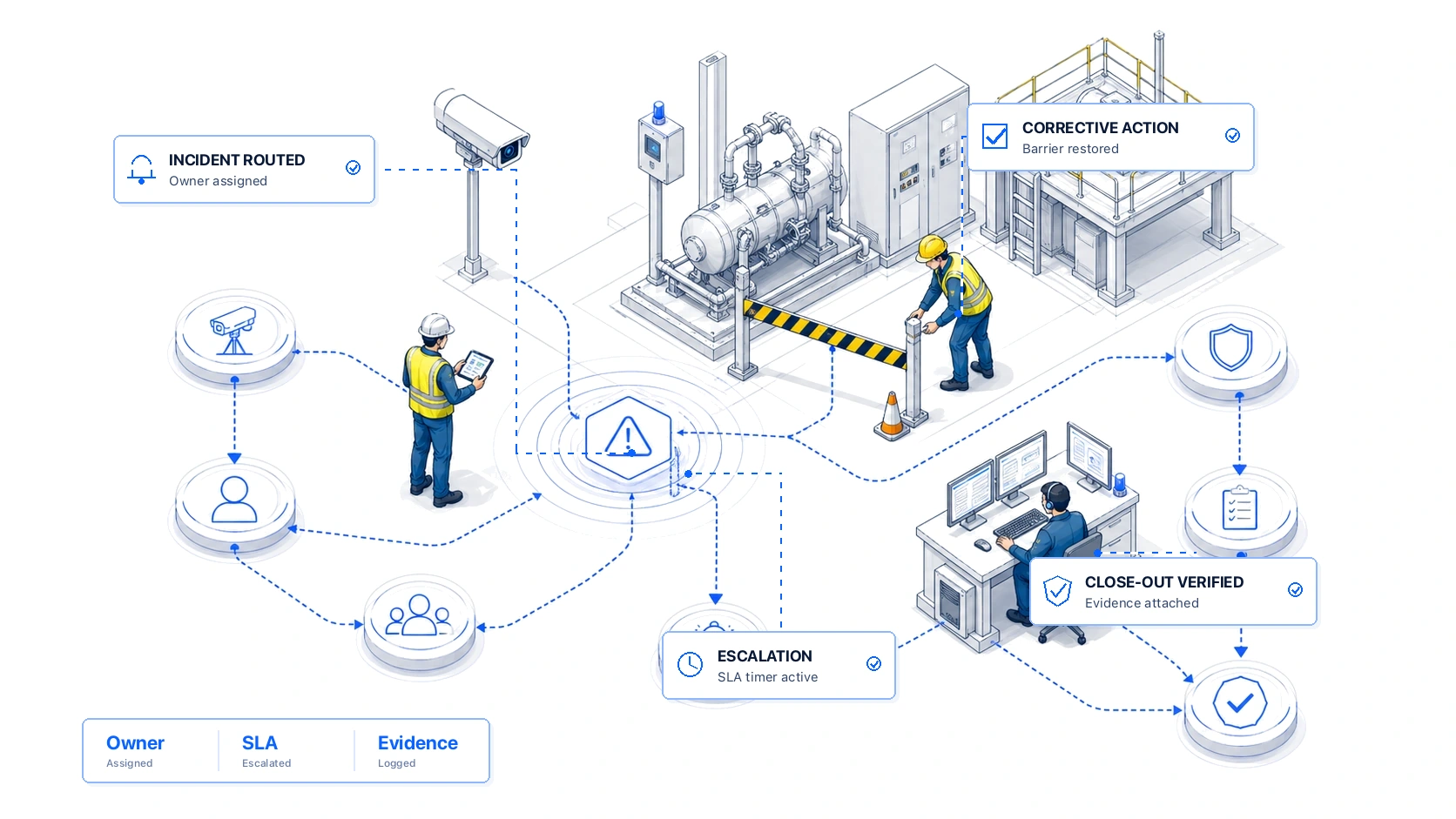 Isometric Act platform hero showing incident routing, corrective action, escalation, and close-out verification callouts